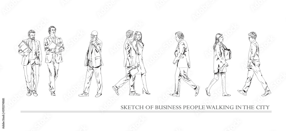 Group of business people walking in the city. Collection of silhouettes for your project. Sketch, side view Group of business people walking in the city. Collection of silhouettes for your project. Sketch, side view