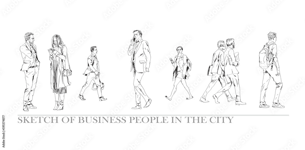 Group of business people walking in the city. Collection of silhouettes for your project. Sketch, side view