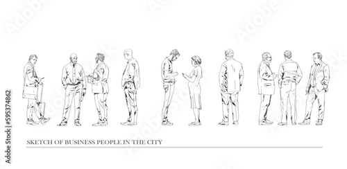 Group of business people standing and in the city, businessman searching with telephone. Collection of silhouettes for your project. Sketch, side and back view