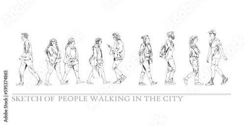 People in casual clothes walking in the city, tourist, shippers, students. Sketch, side view for your project