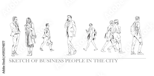 Group of business people walking in the city. Collection of silhouettes for your project. Sketch, side view