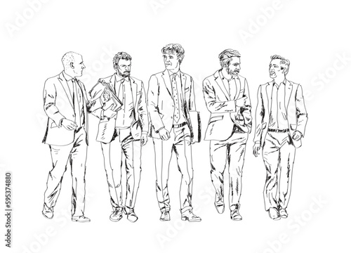 Group of business people walking in the city. Collection of silhouettes for your project. Sketch, front view