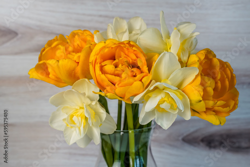 Arrangement of tulips and daffodils in a glass vase. Wood background.