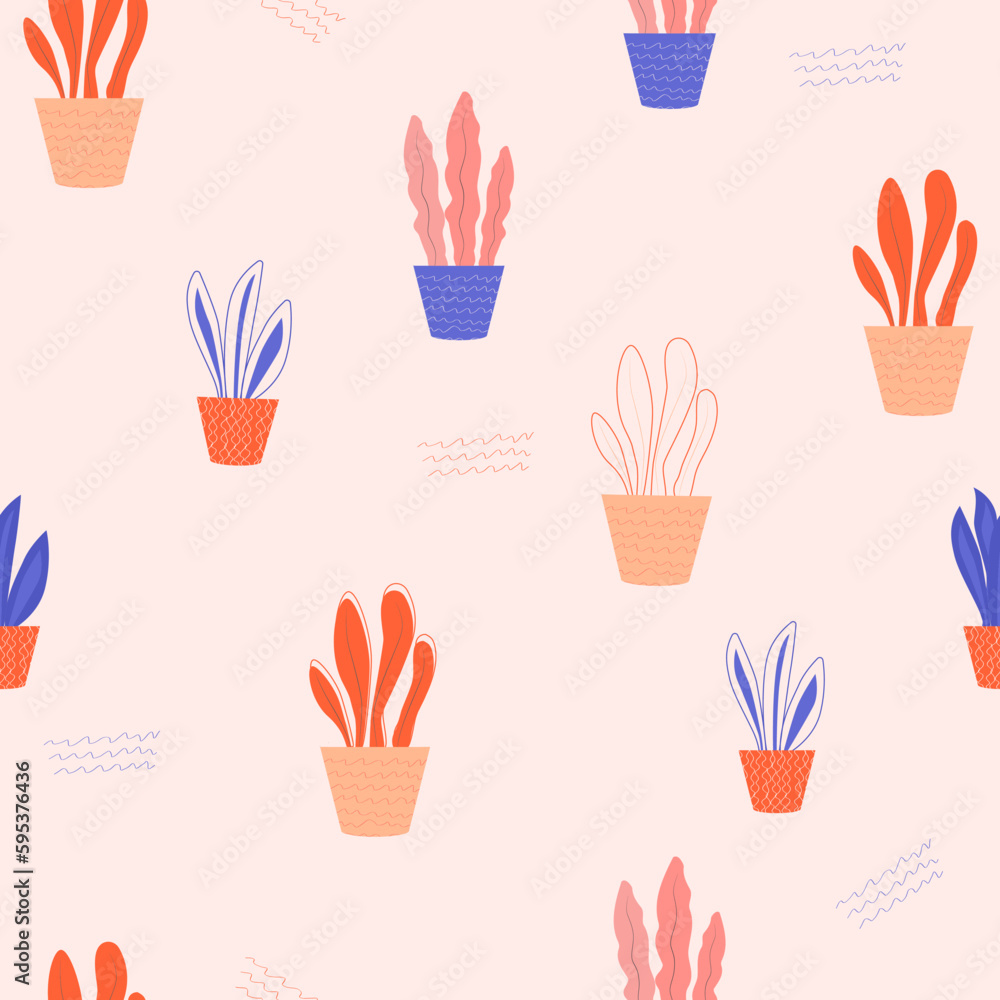 Fototapeta premium Houseplants seamless pattern. Vector illustration. Simple flat modern illustration. Botanical print for textile and fashion design.