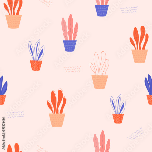 Houseplants seamless pattern. Vector illustration. Simple flat modern illustration. Botanical print for textile and fashion design. © Armine
