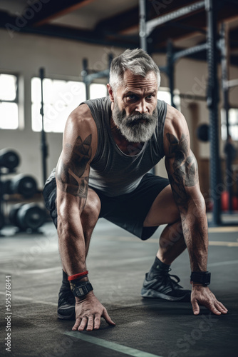 Image of a confidenty mid-aged man doing exercise in a large white crossfit gym. Generative ai