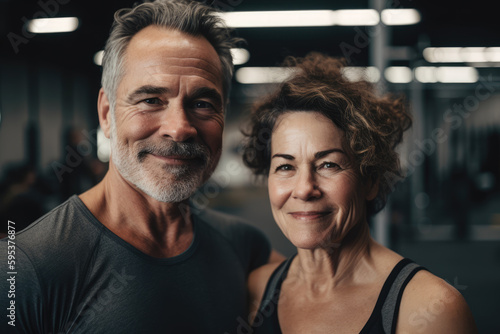 Portrait of a confidenty middle-aged couple in a large white crossfit gym. Generative ai