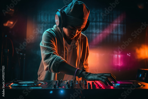 Bright dynamic illustration of DJ in a nightclub in orange and turquoise colored light, AI generative illustration