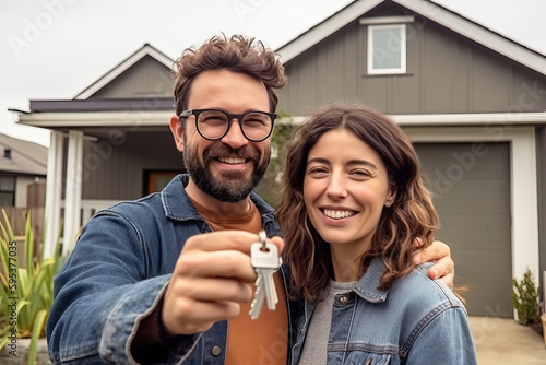 Portrait of happy confident 30 year old hetero couple showing the keys of his new house in front of their new house. Generative AI photo