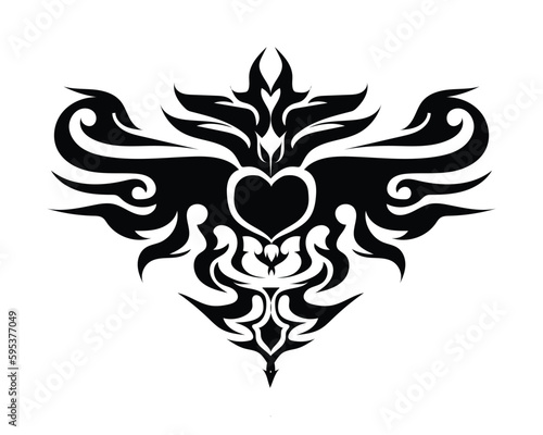 abstract vector design of a tattoo or silhouette symbol in black and white with carvings on the edges and there is a black heart or love symbol in the middle