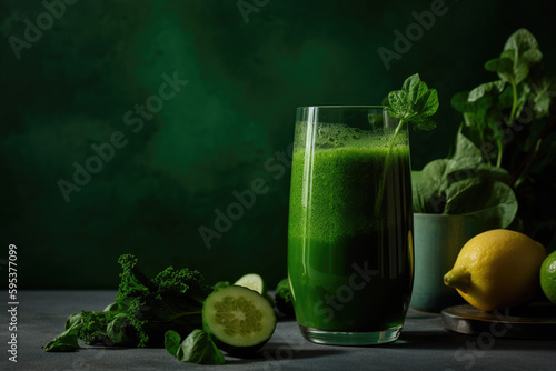 Image of a green detox juice composition with lemon, lima, spinachs in flat green background. Generative AI photo