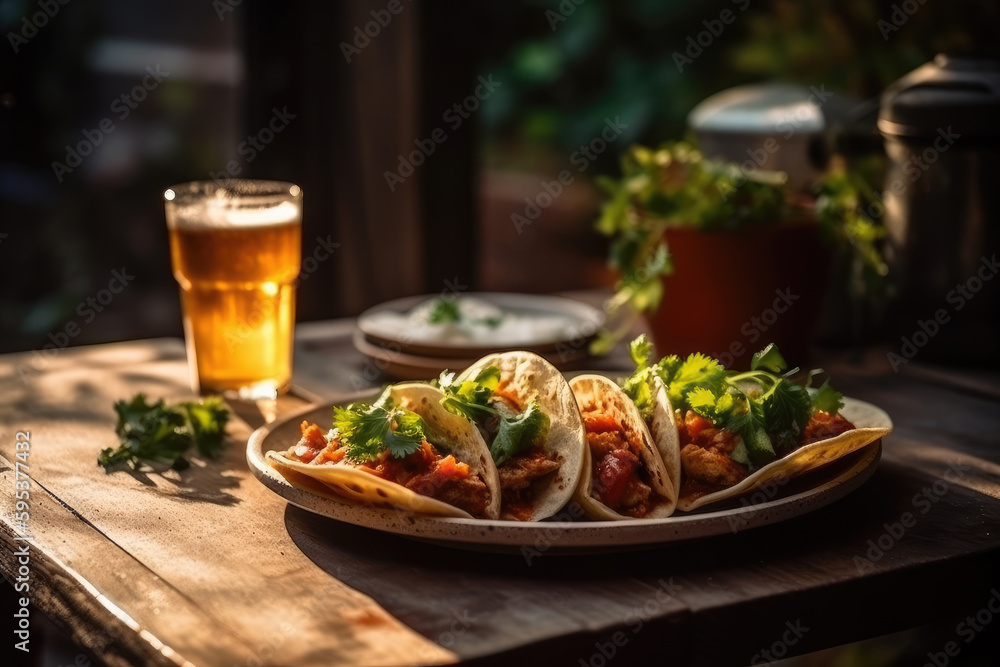 still life composition of mexican chicken tacos and beer on a terrace table on a sunny day, garden in the background. Generative AI