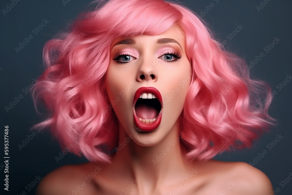 , generative AI, Emotion pink wig woman wide open mouth 
