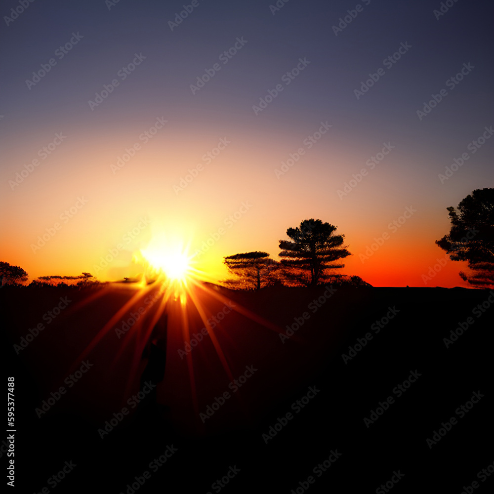 sunset in the countryside. Sunset landscape with a plain wild grass field and a forest on background.
