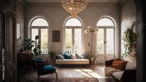 Mediterranean interior design room with beautiful lightning generative ai © Hixel