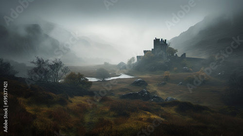Das Bild zeigt die majest  tische Sch  nheit der schottischen Highlands  die von einer imposanten Burg bewacht werden. Im Vordergrund erstrecken sich sanfte H  gel  bedeckt von satten gr  nen Wiesen und k