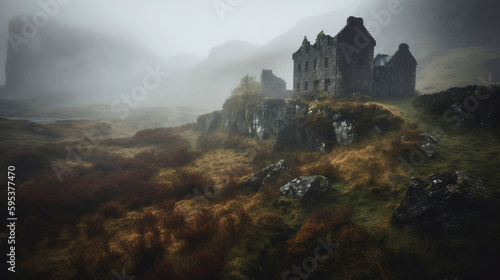 Das Bild zeigt die majestätische Schönheit der schottischen Highlands, die von einer imposanten Burg bewacht werden. Im Vordergrund erstrecken sich sanfte Hügel, bedeckt von satten grünen Wiesen und k