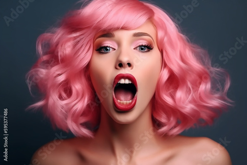, generative AI, Emotion pink wig woman wide open mouth 