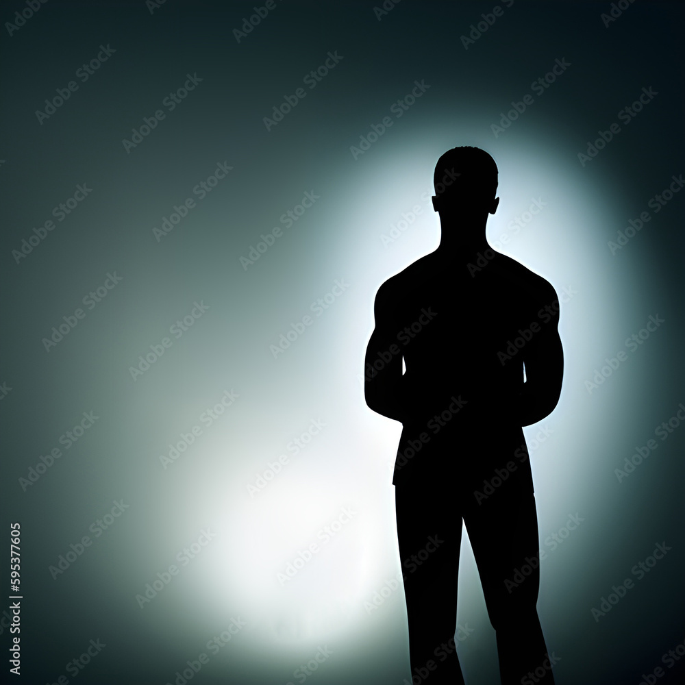 silhouette of a person man in empty room,  the dark place of a spacious place and a light behind the model. looking at the   wall. modern art concept. Created AI, copy space