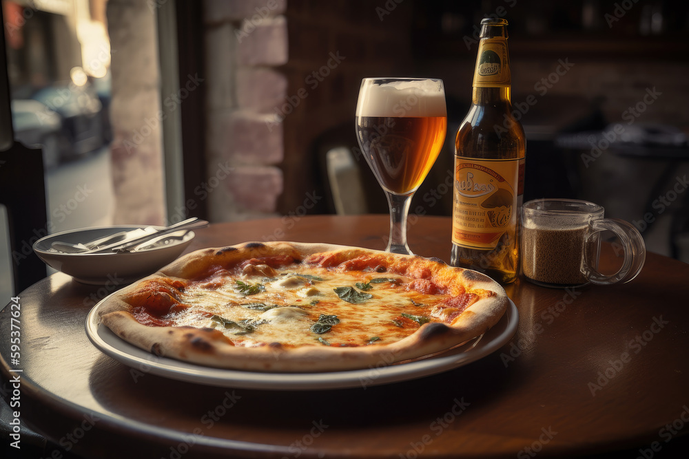 still life composition of italian pizza and beer on a italian restaurant table in Rome. Generative AI