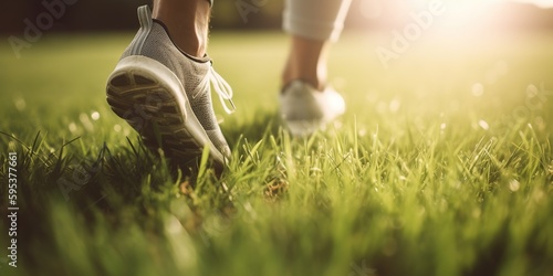 Closeup woman running in the grass. walk and outdoor exercise activities concept, generative ai