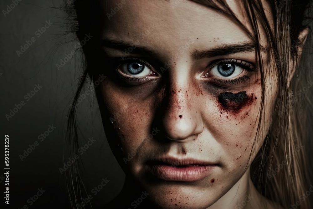 Close-up of the face of a woman with facial injuries from abuse. AI generated. Close-up of the face of a woman with facial injuries from abuse. AI generated.