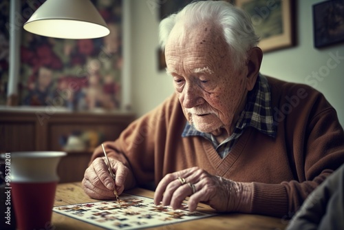 An older, retired man tries to solve a puzzle, a mental exercise to stay young. Ai generated. © Joaquin Corbalan