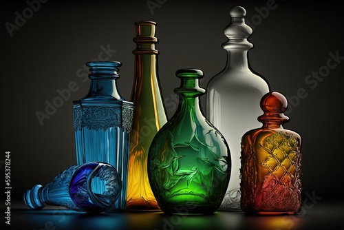 Elegant glass bottles, illuminated with colored lights. AI generated.