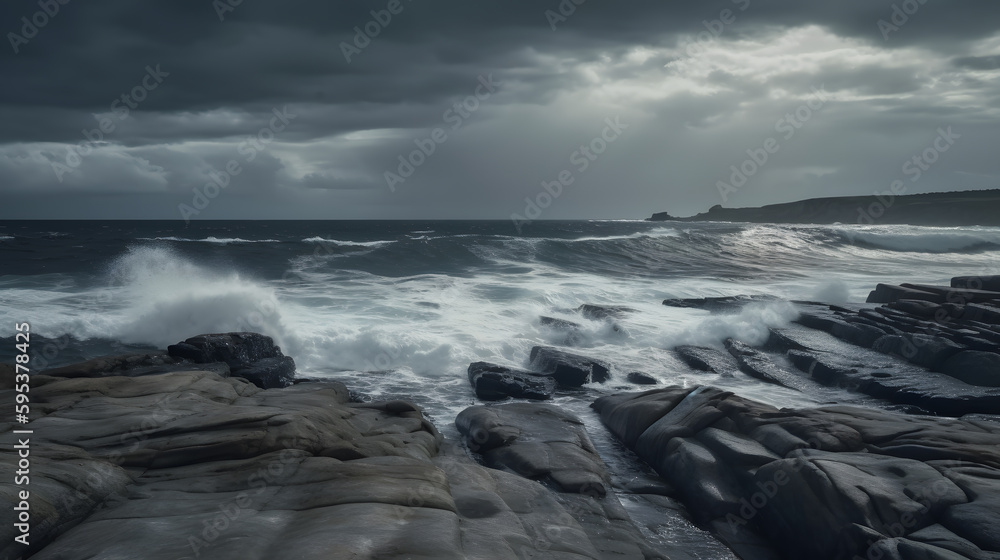 A dramatic shot of a rocky shoreline with waves crashing against the rocks, with a stormy sky in the background.