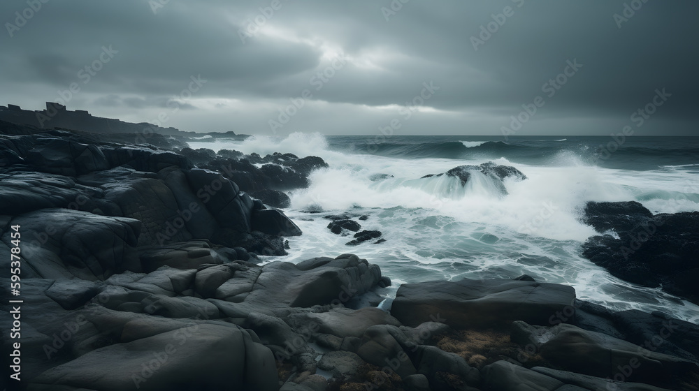 A dramatic shot of a rocky shoreline with waves crashing against the rocks, with a stormy sky in the background. Ideal for ocean and adventure-themed projects.
