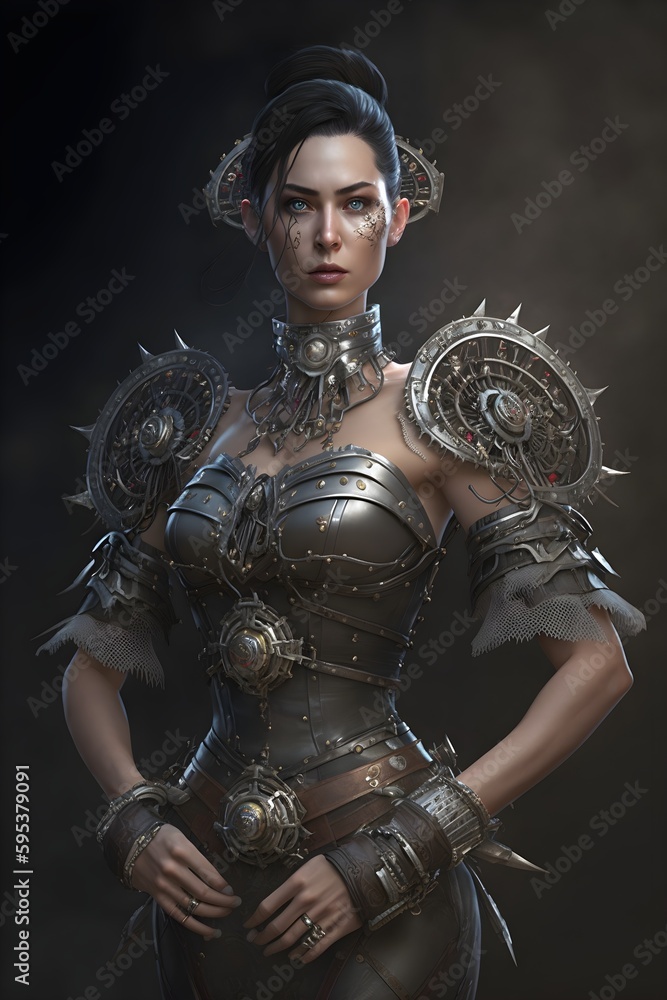 pale skinned female elf with black hair in a high bun wears chainmail ...