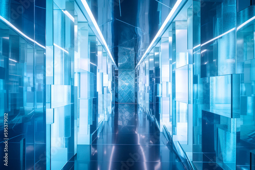 Glass crystal hallway interior design architecture, blue. Generative AI