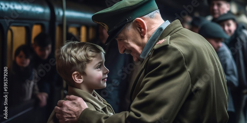 Soldat kommt heim; Wiedersehen eines Soldaten mit einem seiner Liebsten KI photo