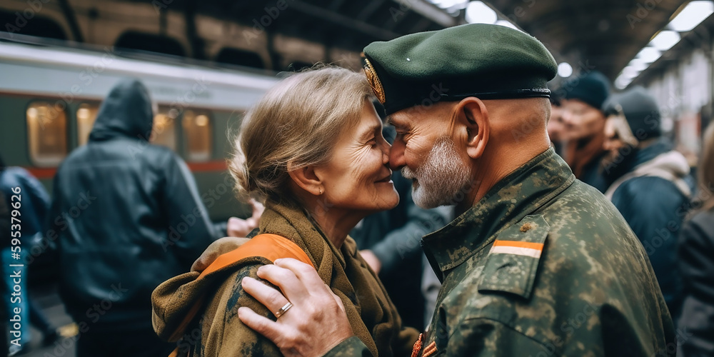 Fototapeta premium Soldat kommt heim; Wiedersehen eines Soldaten mit einem seiner Liebsten KI