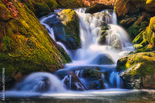 Wasserfall - Bach - Moos - View of Waterfall Long Exposure - Rocks and Green Moss	