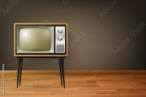 Vector 3d Realistic Retro TV Receiver on Wooden Floor. Home Interior Design Concept. Vintage TV Set, Television, Front View