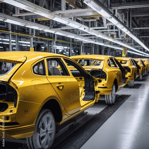 Car of a factory. car production line automobile on a conveyor. The plant's modern automobile assembly line. The car's automated construction method. generative ai