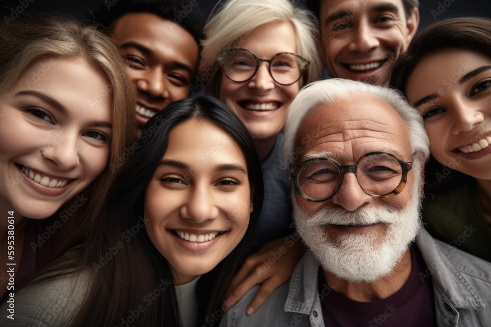 Group of multigenerational people smiling in front of camera, Multiracial friends od different ages having fun together caucasian senior faces,generative ai.