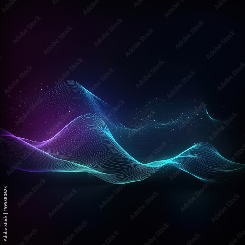 Dark abstract background with glowing wave. Shiny moving lines design element. Modern purple blue gradient flowing wave lines. Futuristic technology. generative ai