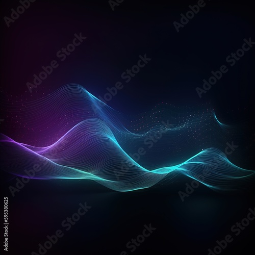 Dark abstract background with glowing wave. Shiny moving lines design element. Modern purple blue gradient flowing wave lines. Futuristic technology. generative ai