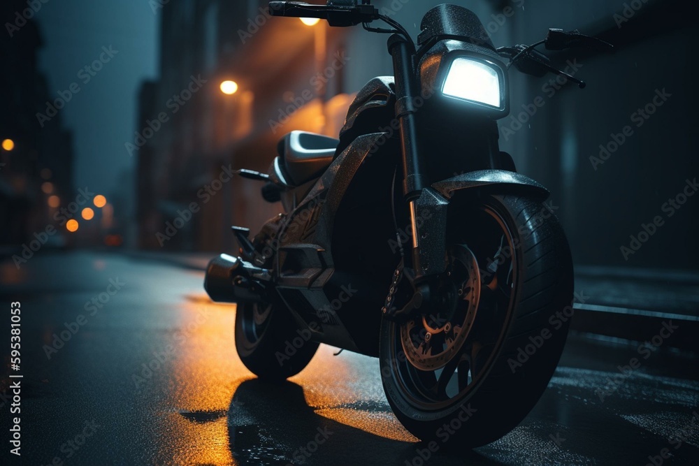 Modern black electric scooter with LED headlights. Generative AI