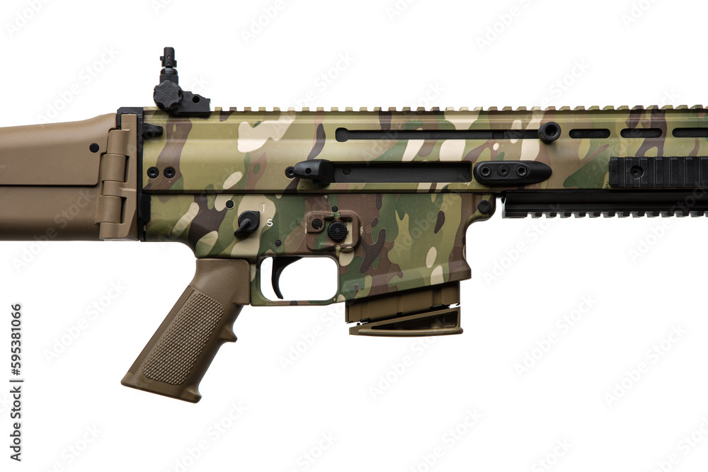 Modern automatic rifle isolated on white background. Weapons for police, special forces and the army. Automatic carbine with mechanical sights. Camouflage assault rifle.