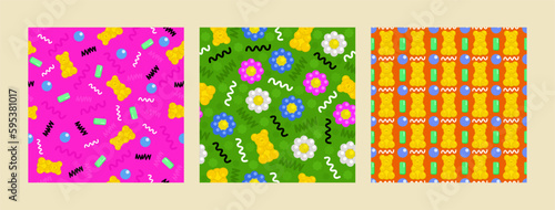 Vector seamless patterns. Memphis collection. Bright cute patterns with curved lines, gummy bears, flowers and chewing gums.