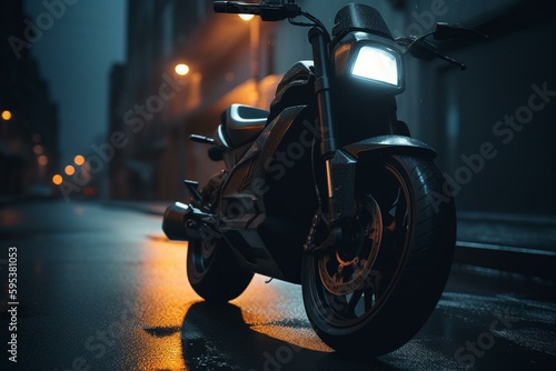 Modern black electric scooter with LED headlights. Generative AI