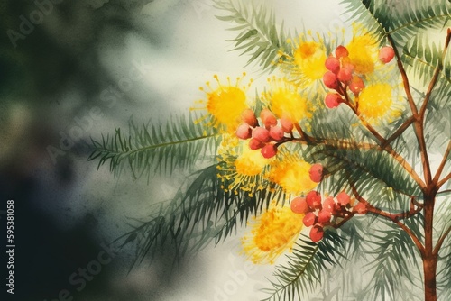 Watercolor illustration of mimosa flowers. Generative AI © Elina