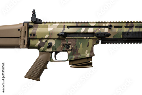 Modern automatic rifle isolated on white background. Weapons for police, special forces and the army. Automatic carbine with mechanical sights. Camouflage assault rifle.