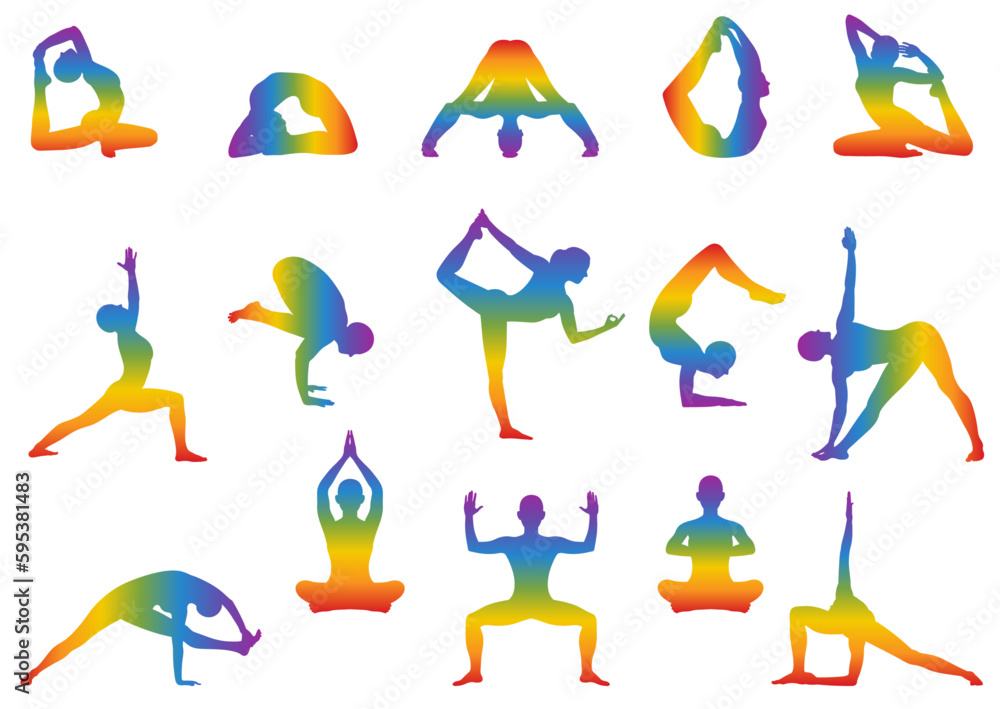Set of contours of yoga poses in rainbow color. Healthy lifestyle. Female cartoon character demonstrating yoga positions. Vector flat illustration isolated on white background