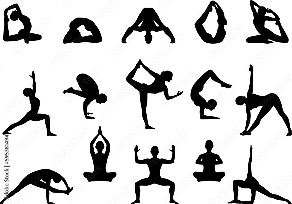 Set of contours of yoga poses. Healthy lifestyle. Female cartoon character demonstrating yoga positions. Vector flat illustration isolated on white background - obrazy, fototapety, plakaty 