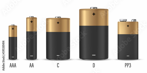 Vector 3d Realistic Black and Yellow Alkaline Battery Icon Set Closeup Isolated on White Background. Diffrent Size - AAA, AA, C, D, PP3. Design Template for Branding, Mockup. Vector Illustration