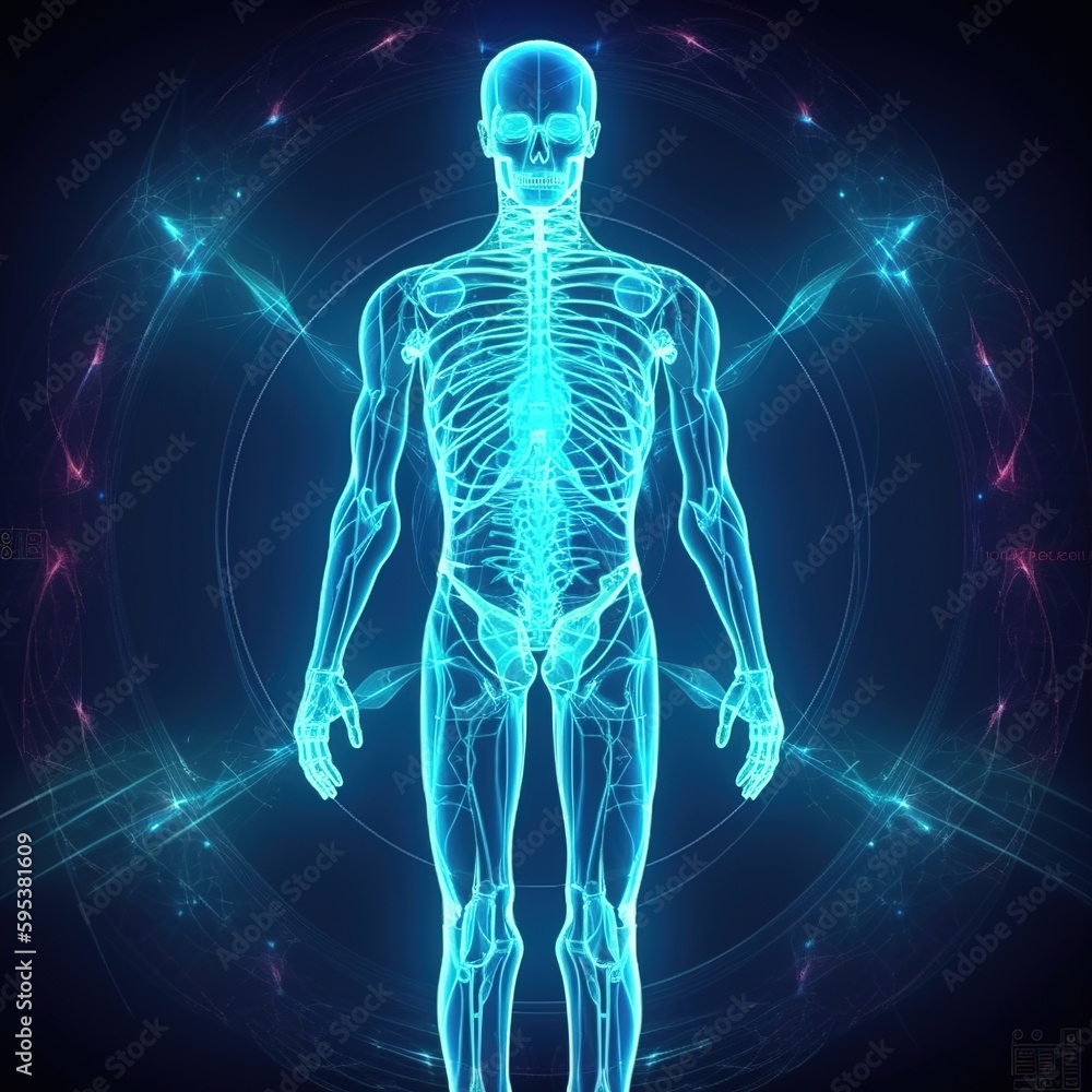 Human Brine. Organ anatomy, neurology, healthy body concept. Polygonal image on blue neon background. generative ai Human Brine. Organ anatomy, neurology, healthy body concept. Polygonal image on blue neon background. generative ai